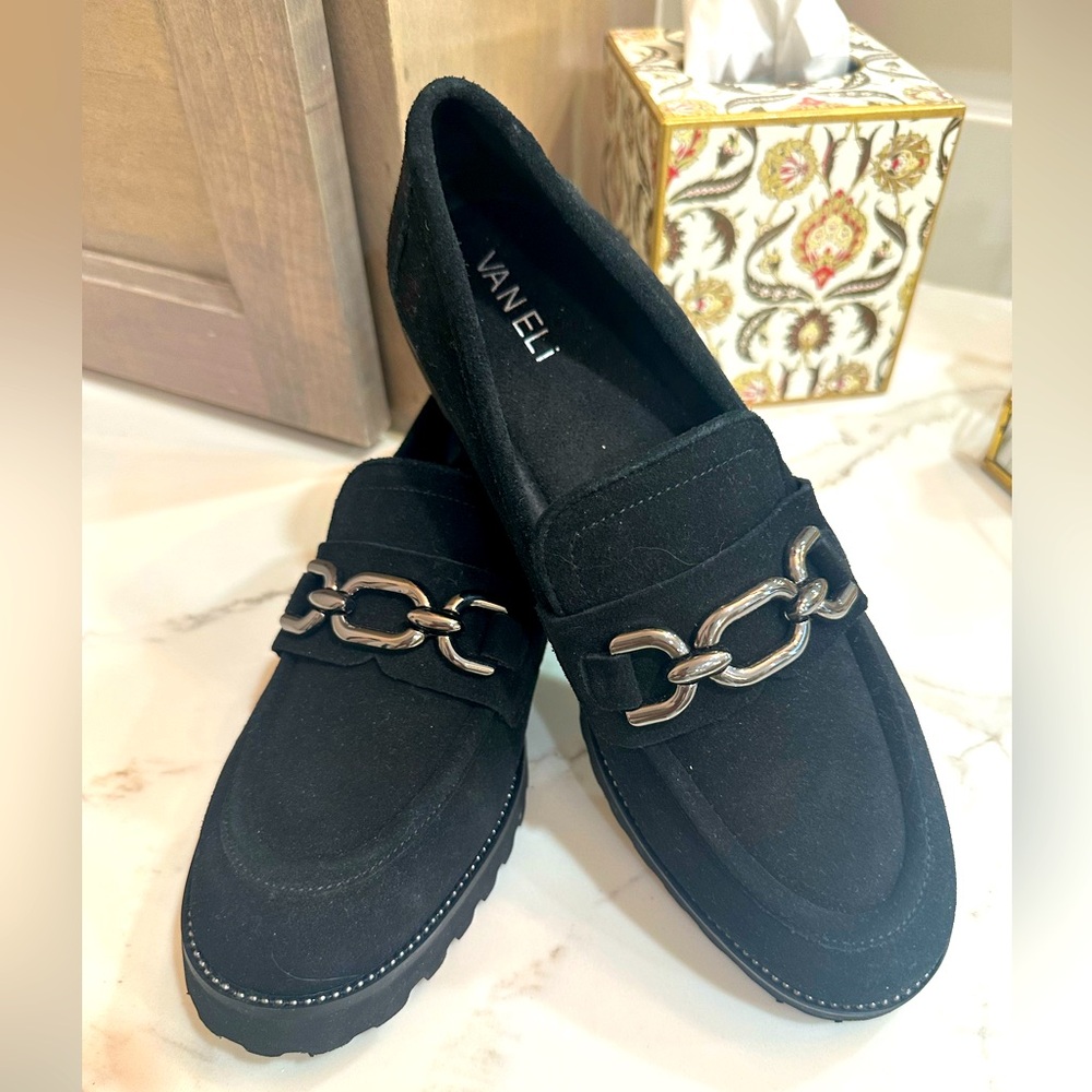 Vaneli Black Suede Loafers with Chain Detail